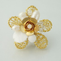 Vibrant Flower Blossom Brass, Crystal and White Quartz Stone Statement Ring - £6.32 GBP