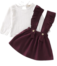 HYUI Toddler Girl Long Sleeve Cotton Linen Shirt &amp; Ruffle Suspender Skir... - £6.22 GBP