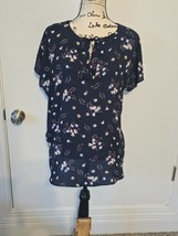Loft Size Large Short Sleeve Top Blouse Shirt Navy Blue with Flowers - £9.28 GBP