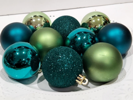 Christmas Peacock Teal Emerald Green 2.5&quot; Glitter Shatterproof Ornaments... - $14.25