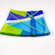 Intricate Iridescent Blue Fused Art Glass Geometric design Square trinket dish  - £11.62 GBP
