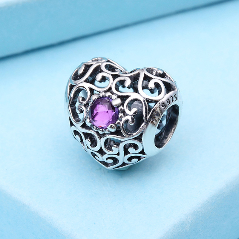 925 Sterling Silver February Signature Heart Birthstone Charm Bead QJCB780