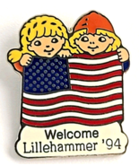 1994 Lillehammer Winter Olympics Welcome Pin Kids Holding USA Flag Masco... - $17.68 CAD