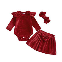 2024 Baby Girl Christmas Outfit, Ruffle Velvet Romper &amp; Skirt 3-Piece Set - $23.99