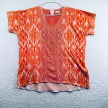 Chicos Womens V Neck Shirt Size Large Orange Geometric Metallic Rhinestones - £14.23 GBP