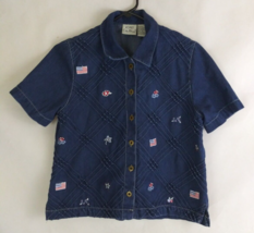 Vintage Koret City Blues Petites Denim Embroidered Patriotic Blouse Petite Small - £12.19 GBP