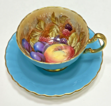 Aynsley Cup &amp; Saucer Turquoise Blue Orchard Fruit England Teacup Signed D Jones - £48.06 GBP