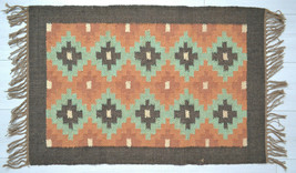 Kilim Rug Jute Wool Indian 60x90cm 2x3&#39; Kelim Orange Green Handmade Styl... - £38.75 GBP