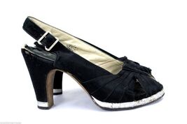 VTG WW2 1940s Shoes  5.5 Black Silk Leather/Silver Peep Toe Sling Back P... - $43.66