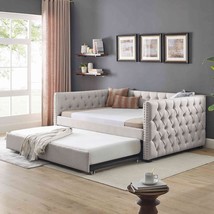 Cotoala Full Size Daybed With Twin Trundle, Upholstered Sofa Bed W/, Beige - £497.99 GBP