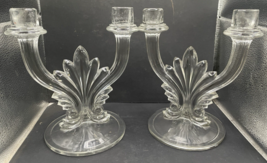 Pr Fostoria Baroque Flame Clear Double Candle Holders Tall - $24.75