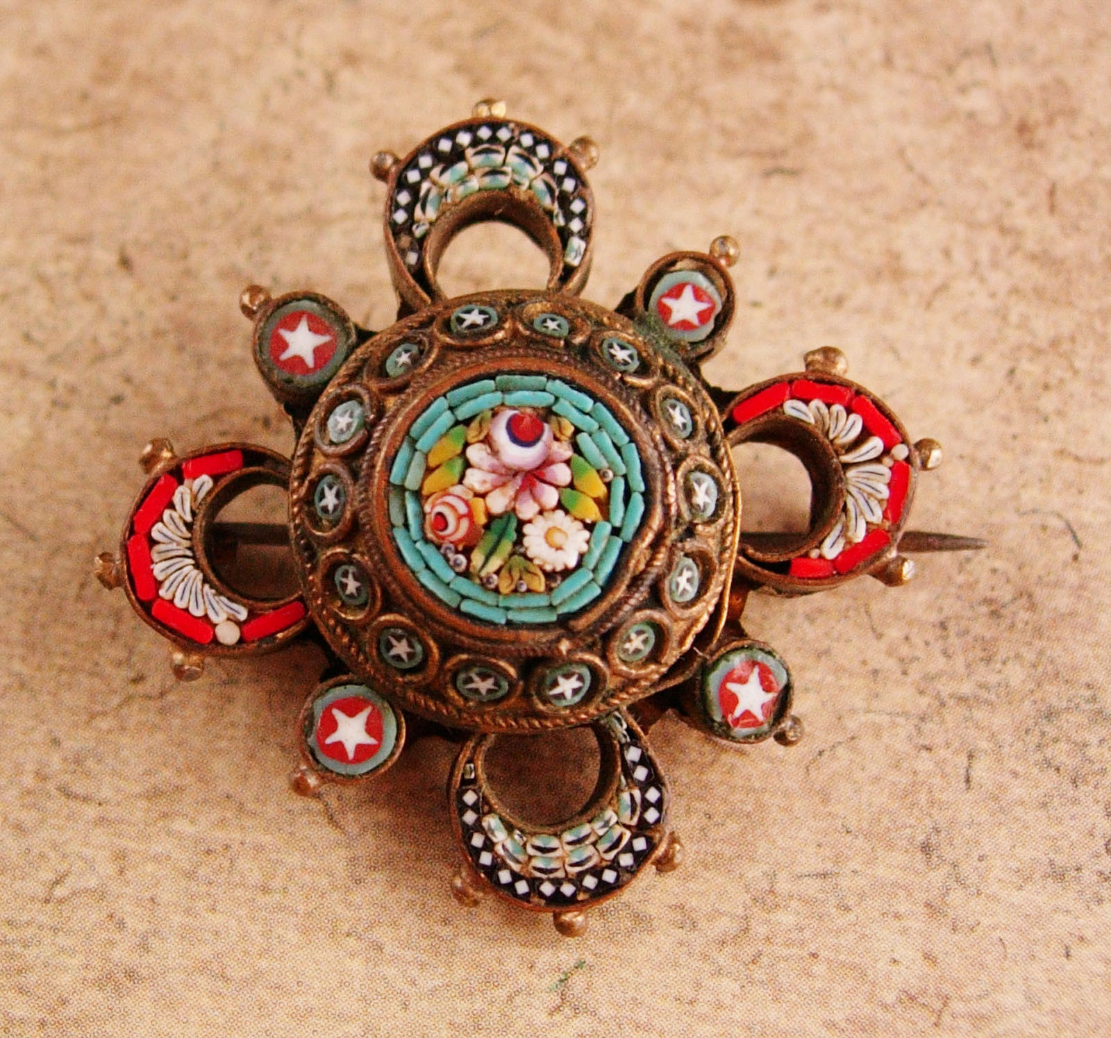 Primary image for rare Antique micromosaic brooch - Tiny stars - Victorian flower dome cross pin -