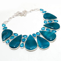 Green Geode Agate London Blue Topaz Gemstone Ethnic Necklace Jewelry 18" SA 4894 - £13.50 GBP