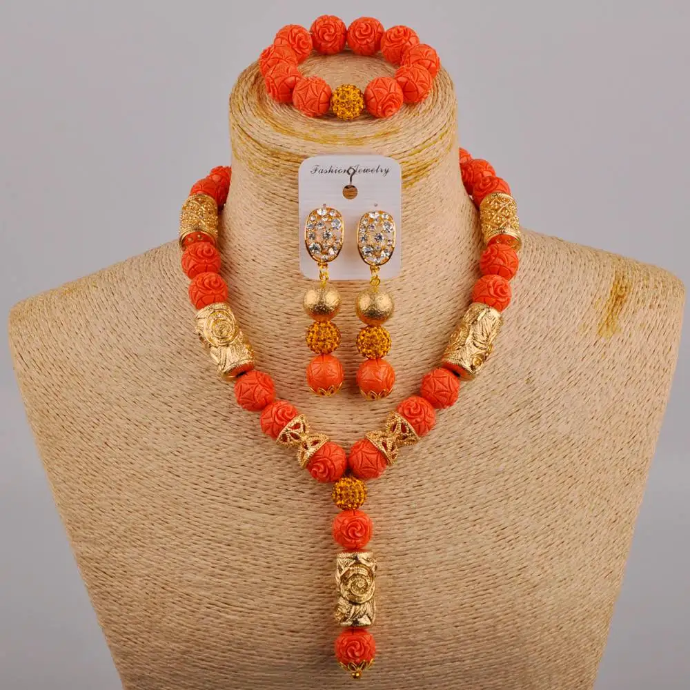 African Wedding Banquet Costume Accessories Orange Coral Round Bead Necklace Nig - £58.28 GBP