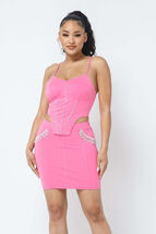 Rhinestone Cropped Top With Matching Rhinestone Pocket Detail Mini Skirt - $20.60