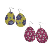 Two Pairs Easter Egg Earrings White Bunnies on Pink Purple Flowers on Yellow - £6.23 GBP