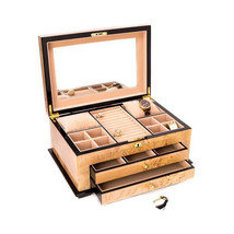 Birdseye Maple Lacquered Wood 3 Level Jewelry Box with Gold Accents &amp; Lo... - $363.66