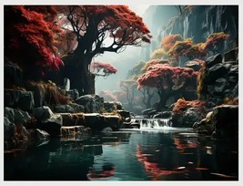 Beautiful Trees Lining Flowing Stream Vibrant Canvas Print Framed 12&quot; x 16&quot; NEW! - £10.95 GBP