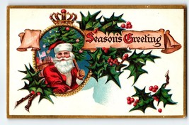 Santa Claus Christmas Postcard Saint Nick Wreath Decoration Toy Sack Vintage - £12.33 GBP