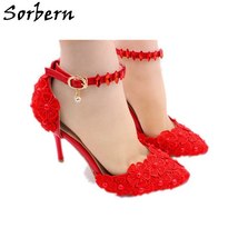 Red Wedding Shoes Mary Jane Styles Ankle Strap Pointed Toe Stilettos Kitten Heel - £56.27 GBP