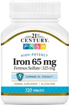 21st Century Iron 65mg Ferrous Sulfate 325mg Mineral Supplement Tablet 120 Count - £6.14 GBP