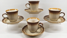 4 Mikasa Whole Wheat Cups Saucers Set Vintage Cream Brown Edge Dishes Retro Lot - £31.55 GBP