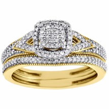 10K Yellow Gold Fn Diamond Bridal Set Ladies Square Halo Engagement Ring - £85.05 GBP