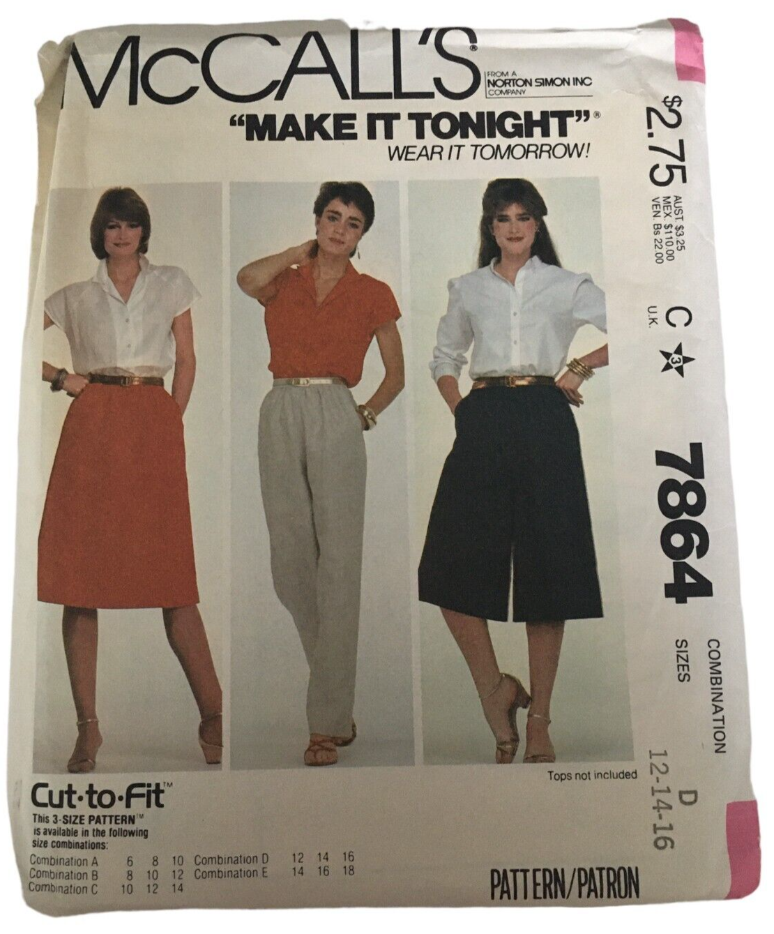 McCalls Sewing Pattern 7864 Skirt Pants Culottes Pockets 1980s 12 14 16 Uncut - $6.99