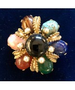 Unsigned SCHREINER Large Vintage Brooch Semi Precious Stones Pearl Gold ... - £98.88 GBP