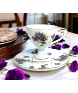 Purple Violets Square Footed Flower Tea Cup And Saucer Hand Painted Vintage - $29.44