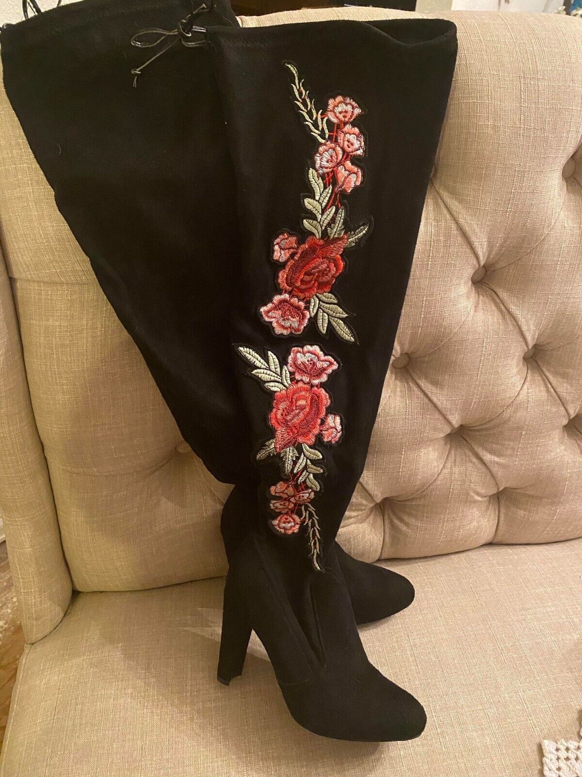 Primary image for Wild Diva Thigh High Black Embroidered Floral Drawstring Heeled Boots Size 6.5