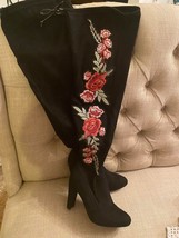 Wild Diva Thigh High Black Embroidered Floral Drawstring Heeled Boots Size 6.5 - £35.61 GBP