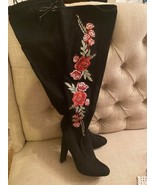 Wild Diva Thigh High Black Embroidered Floral Drawstring Heeled Boots Si... - £35.04 GBP