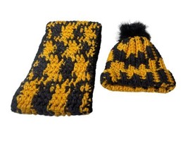 Crocheted Scarf &amp; Hat Set Handmade Gold/Orange &amp; Black 67”x 9-3/4” Steelers - £15.79 GBP
