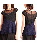 ANTHROPOLOGIE Deletta Sheer Lace Short Sleeve Top Blue Black Garden Guis... - $25.00