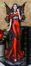 Butterfly Winged Elf Fairy In Red Evening Gown With Midnight Dragon Figurine - £52.76 GBP