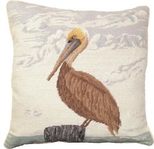 Pillow Throw Needlepoint Pelican Bird 18x18 Beige Back Brown Down Insert Cotton - £235.20 GBP