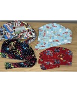 Lot Of 4 Elastic &amp; Tie Scrub Caps Glitter Stars, Super Hero, Airplanes - $19.80