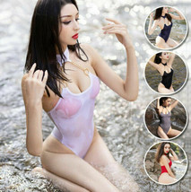 Women Sexy Oil Shiny Leotard Bodysuit Semi Sheer Halter Low Cut Bikini Swimsuit - £7.18 GBP