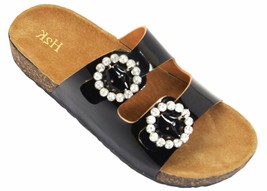 H2K KAREN STONE Buckle Ornament Black Fashion Slides Flip Flops Sandals ... - $31.95