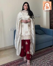 White Top with Red Salwar &amp; Dupatta - Heavy Chinnon Silk Embroidery Sequ... - $57.00