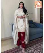 White Top with Red Salwar &amp; Dupatta - Heavy Chinnon Silk Embroidery Sequ... - $57.00