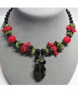 Red Coral Black Onyx Green Prehenite Garnet Quartz Southwest Pendant Nec... - $37.16