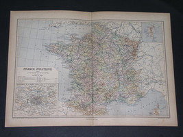 1887 Original Antique Map Of France / Vicinity Of Paris Inset Map. - £14.42 GBP