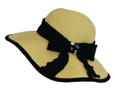 Grace Hat Womens Gold Romance Natural Straw with Black Ribbons and Jewels NEW - £31.84 GBP