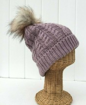Lavender Knitted Beanie Ski Hat W/ Faux Fur Pom &amp; Plush Lining Stretchy Thick #J - £9.58 GBP