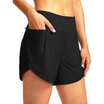 Pudolla Women&#39;s M Swim Shorts with Zipper Pockets High Waisted Black - $20.78