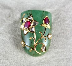 Mughal Natural Emerald Cabochon Gemstone Ruby Diamond 22k Gold Pendant Design - £2,597.81 GBP