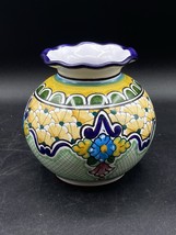 Mexican Puebla Talavera Signed Hernandez Folk Art Pottery Vase Ruffled 4... - $39.59