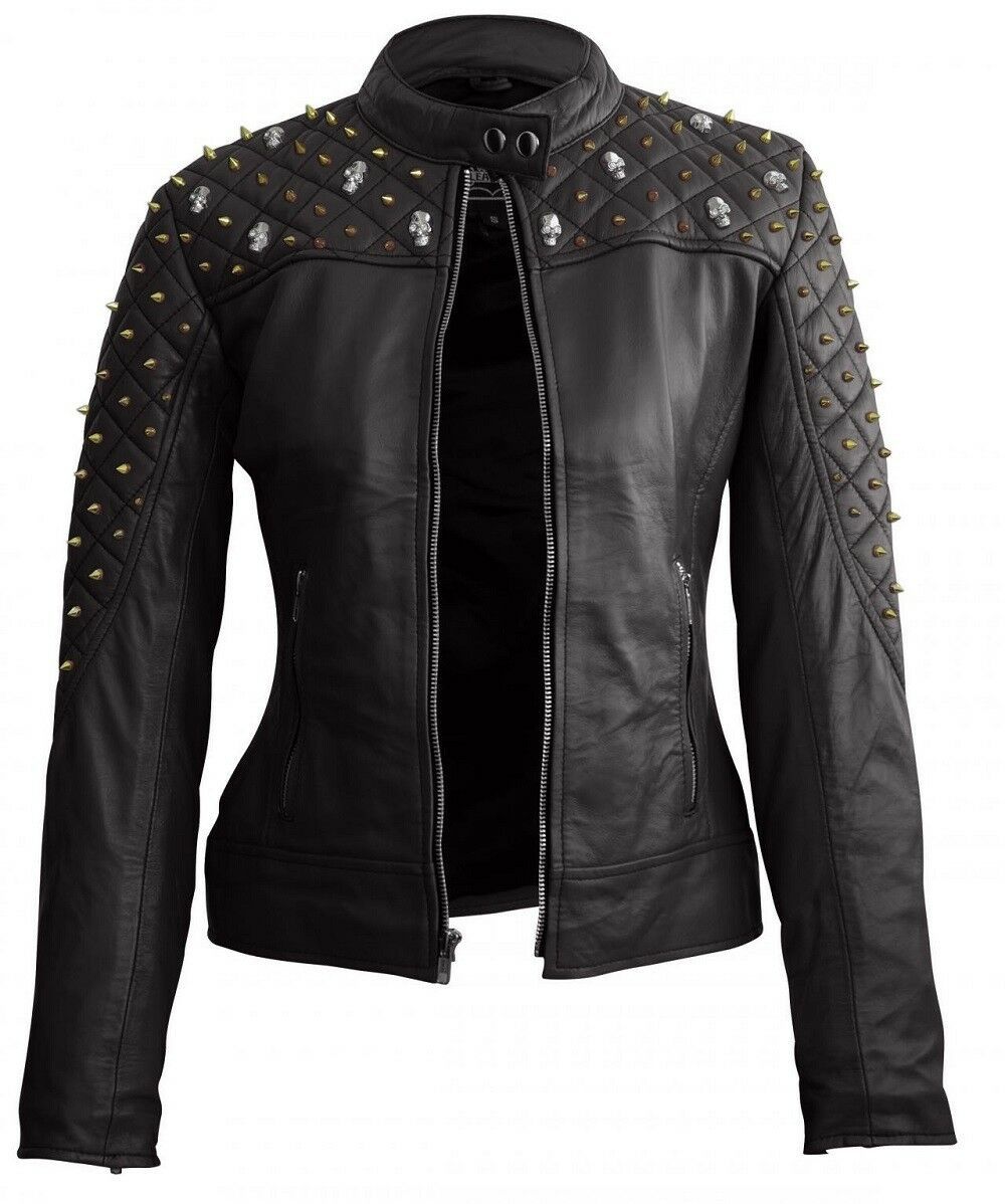 Women's Black Genuine Leather Silver Spike Studs Biker Slim Fit Quilted Jacket